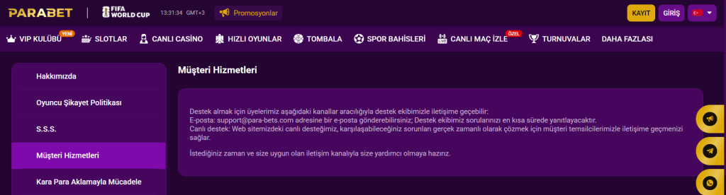 Parabet canlı casino destek bilgileri