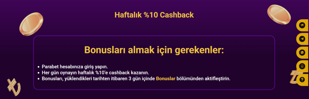 Parabet Casino haftalık yüzde 10 cashback kuralları ve çevrim koşulu