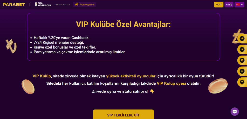 Parabet Casino VIP Kulübü cashback, kişisel teklif ve özel avantajlar