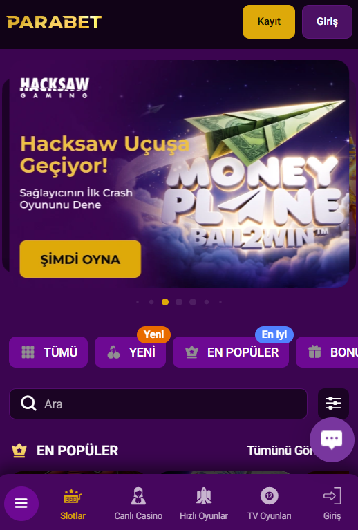 Parabet mobil sitesinin telefon tarayıcısındaki ana ekranı